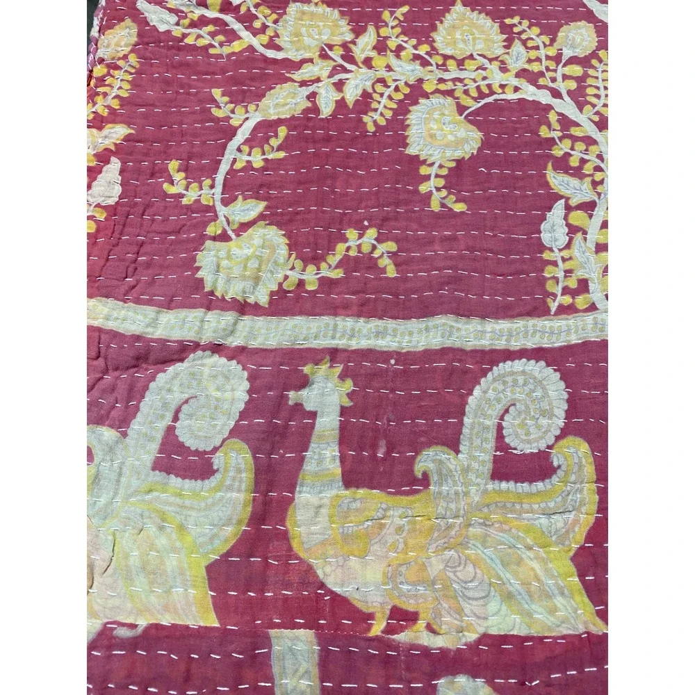 Handstitched Kantha Quilt Reversible Cotton Throw Peacock Paisley Burgundy Red